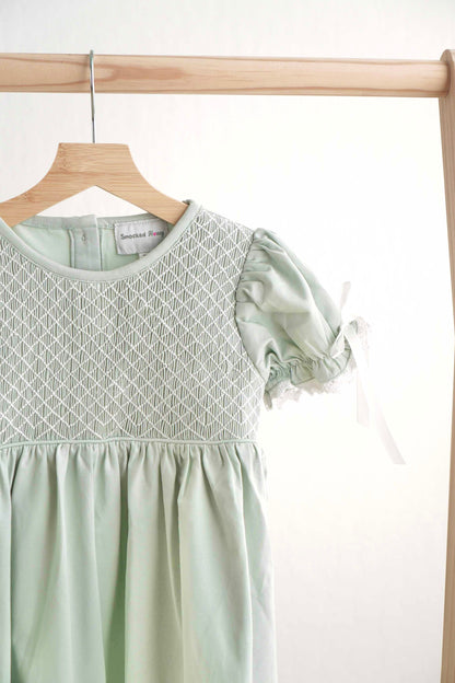 Sage hand-smocked lace girl dress