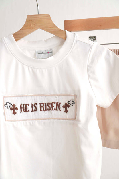 Khaki he is risen hand-smocked boy set