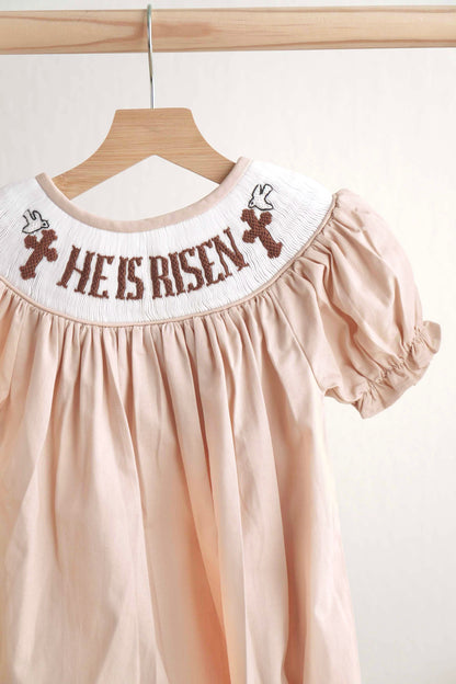 Khaki he is risen hand-smocked girl bubble