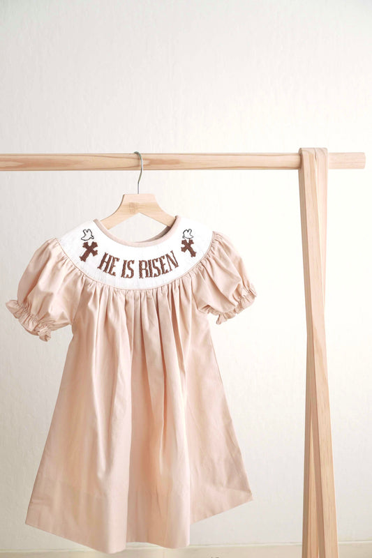 Khaki he is risen hand-smocked girl dress