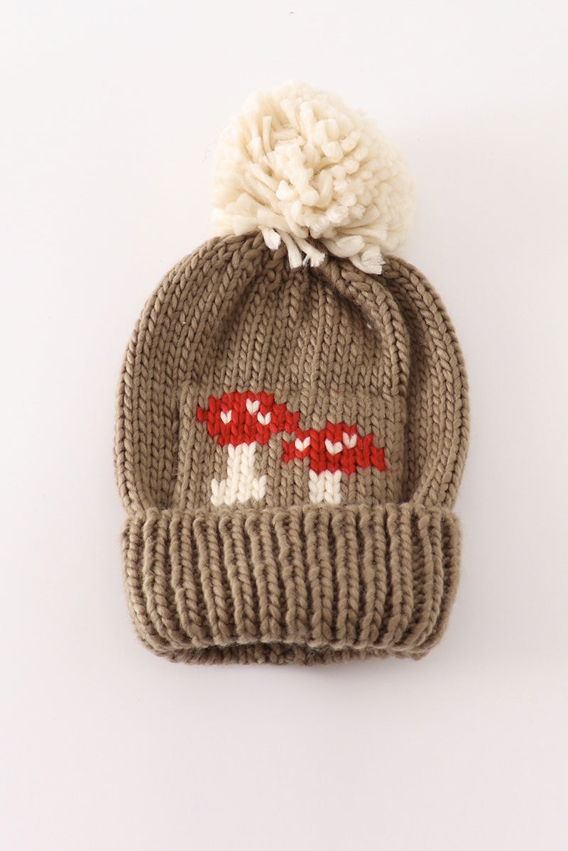 Brown pompom mushroom cable beanie