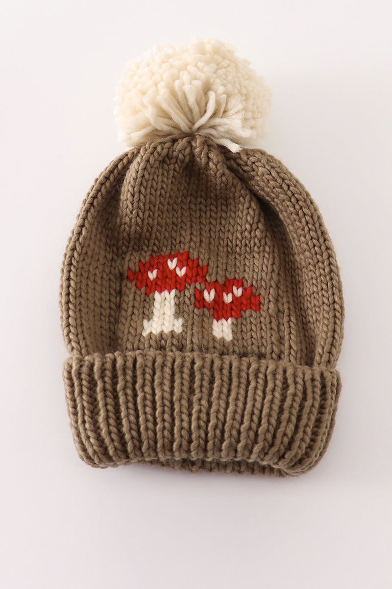 Brown pompom mushroom cable beanie