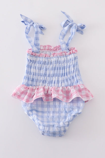 Blue seersucker gingham one-piece girl swimsuit