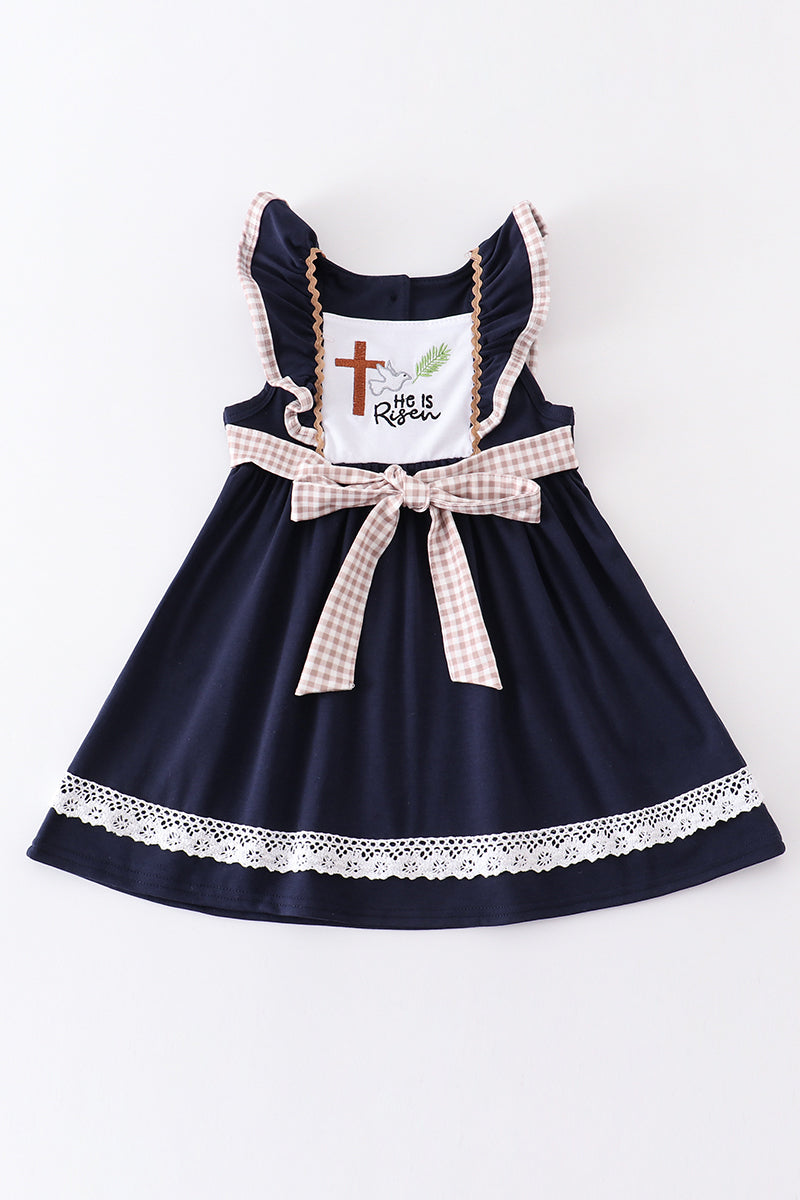 Navy he is risen embroidery girl dress