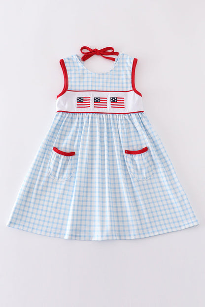 Blue flag embroidery gingham dress