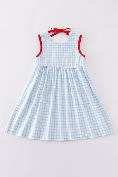 Blue flag embroidery gingham dress