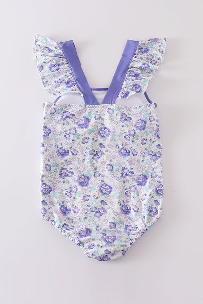 Purple floral print women one-piece swimsuit