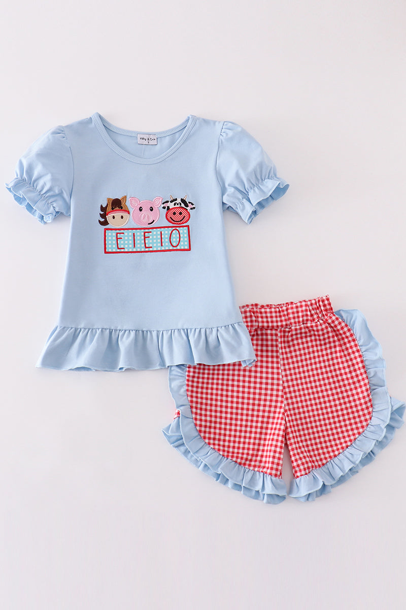 Blue farm applique girl set