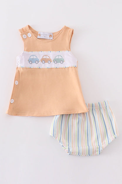 Beige car embroidery boy bloomer set