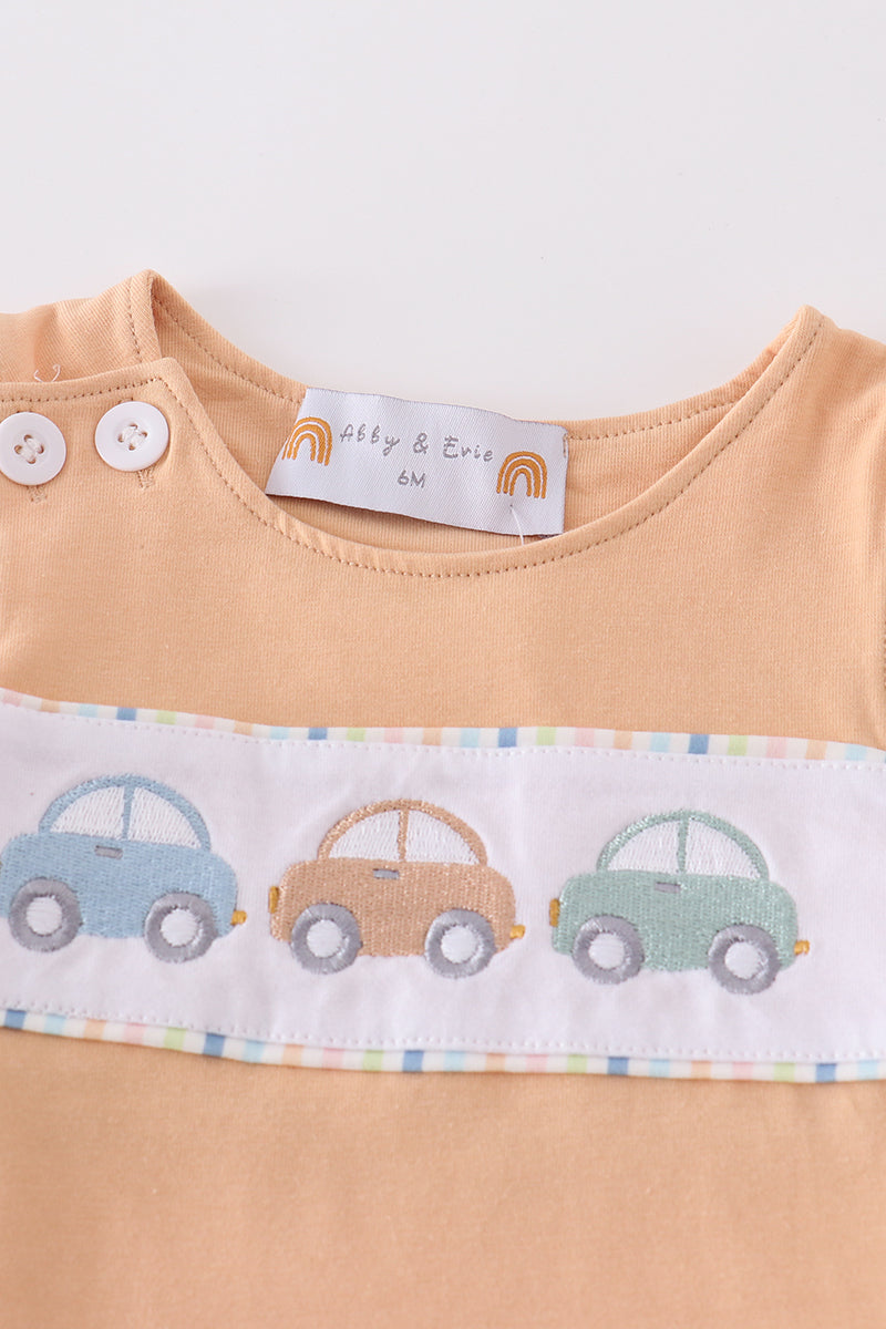 Beige car embroidery boy bloomer set