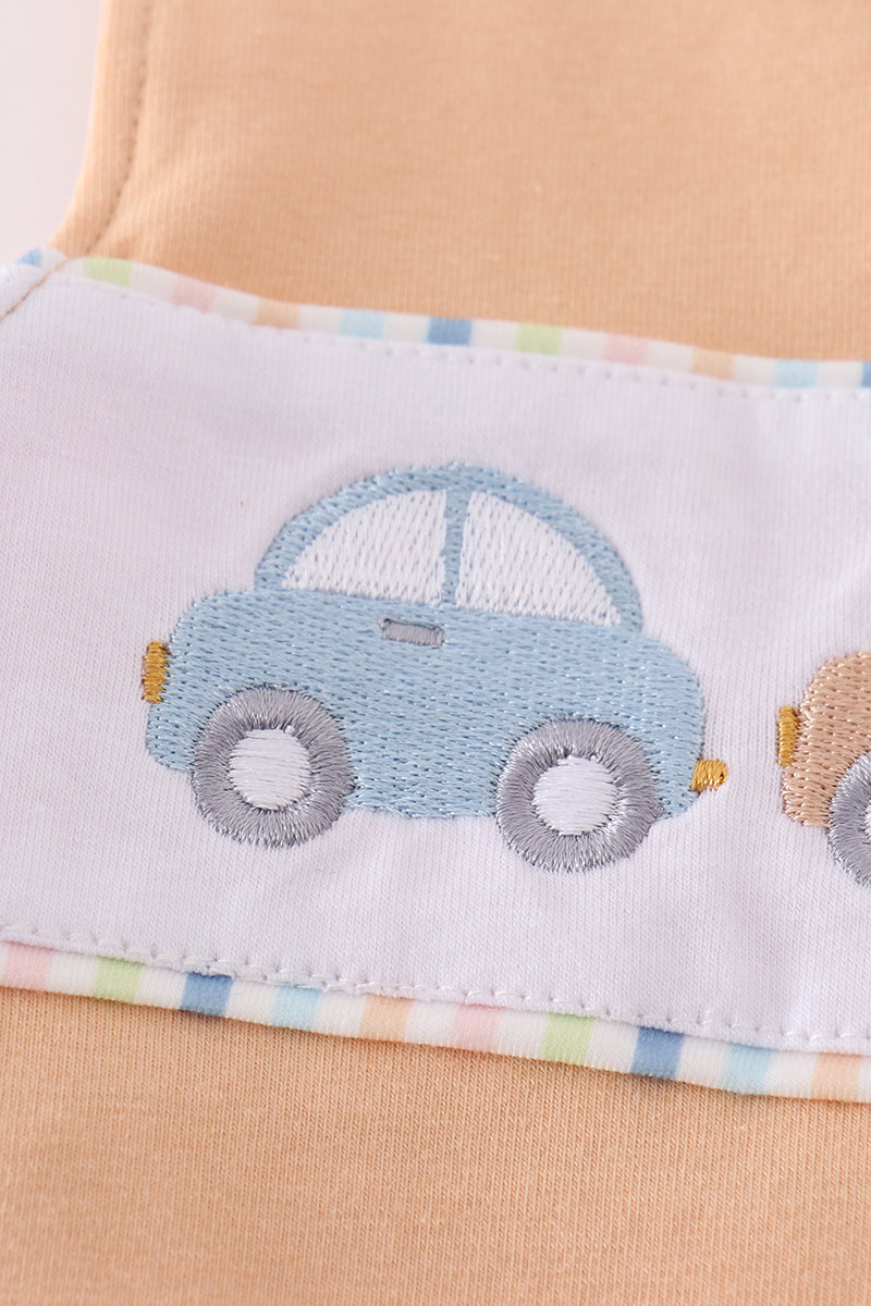 Beige car embroidery boy bloomer set