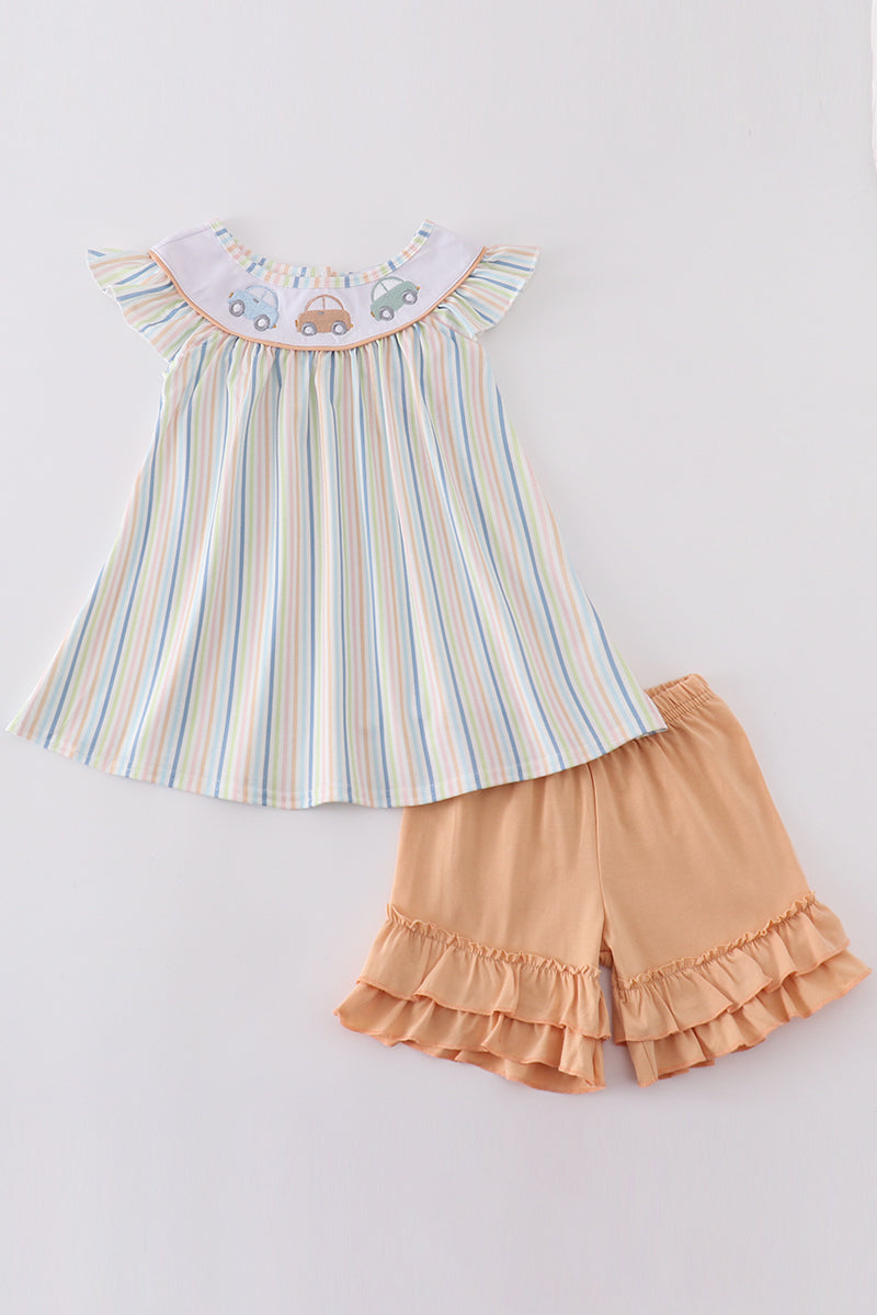 Stripe car embroidery girl set