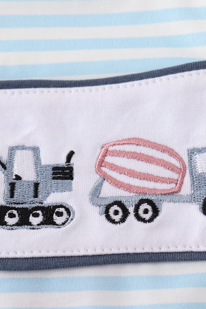 Blue stripe tractor embroidery boy bubble