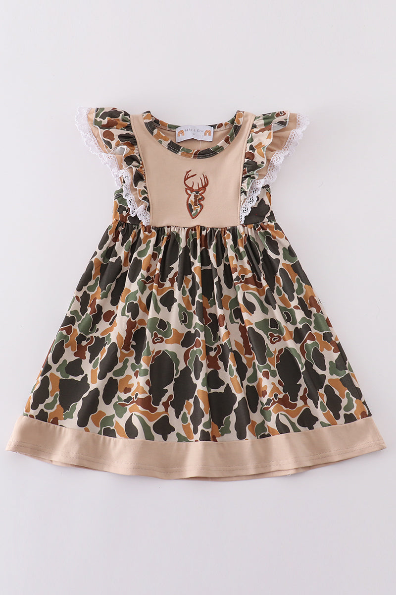 Camouflage reindeer applique girl dress