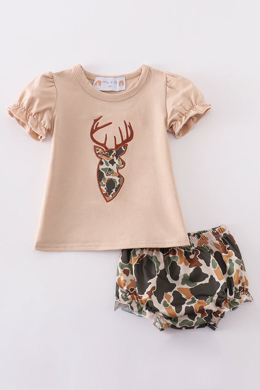 Camouflage reindeer applique girl bloomer set