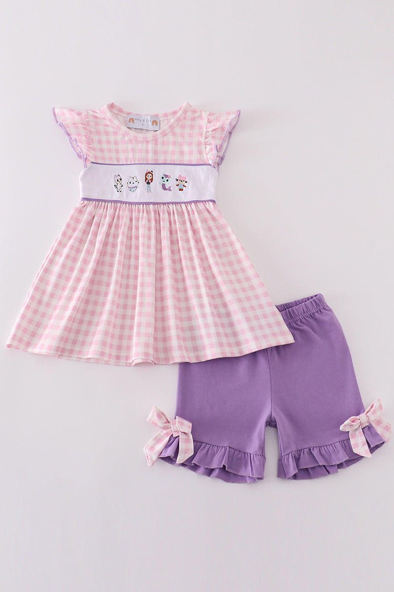 Purple cartoon embroidery girl set