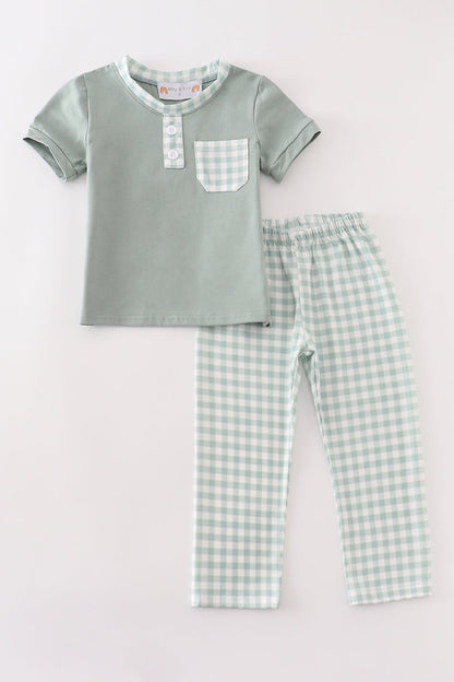 Sage plaid pocket boy set