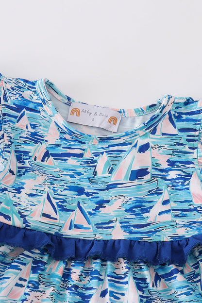 Blue ocean regatta print girl dress