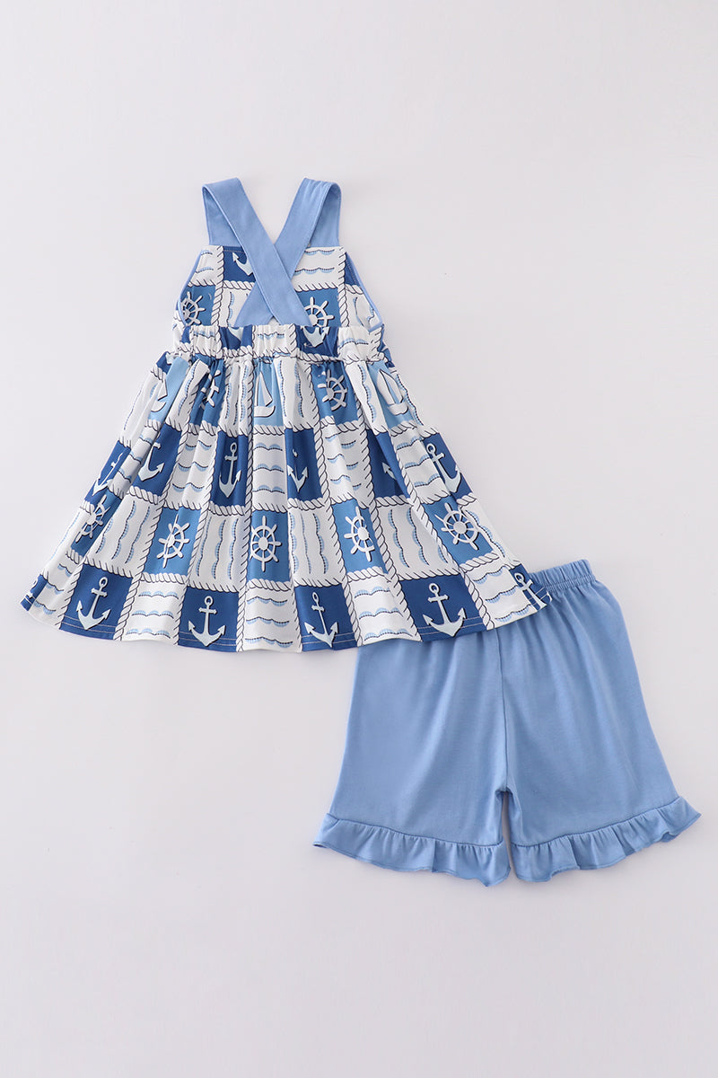 Blue sail boats checkered girl set