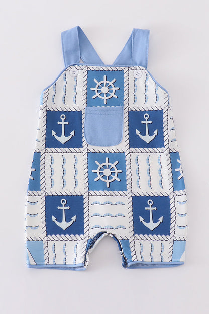 Blue sail boats checkered boy romper