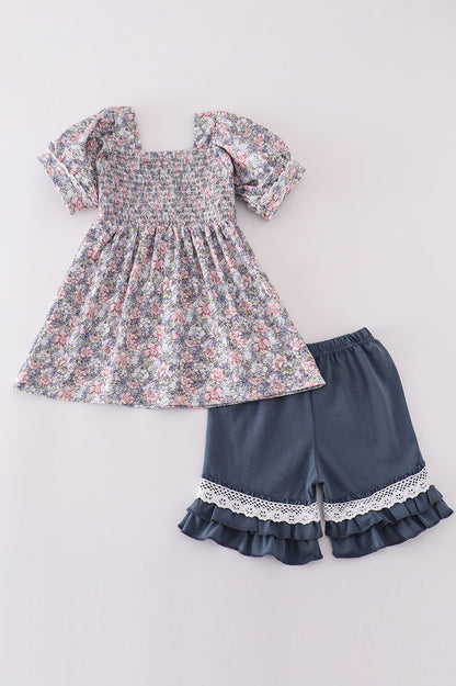 Blue floral whisper smocked girl set