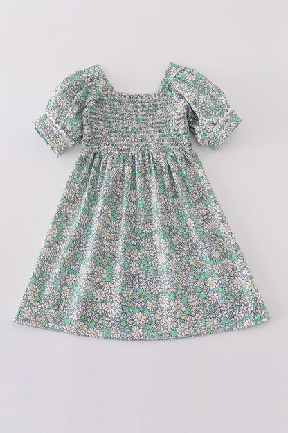 Green floral print smocked girl dress