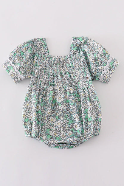 Green floral print smocked girl bubble