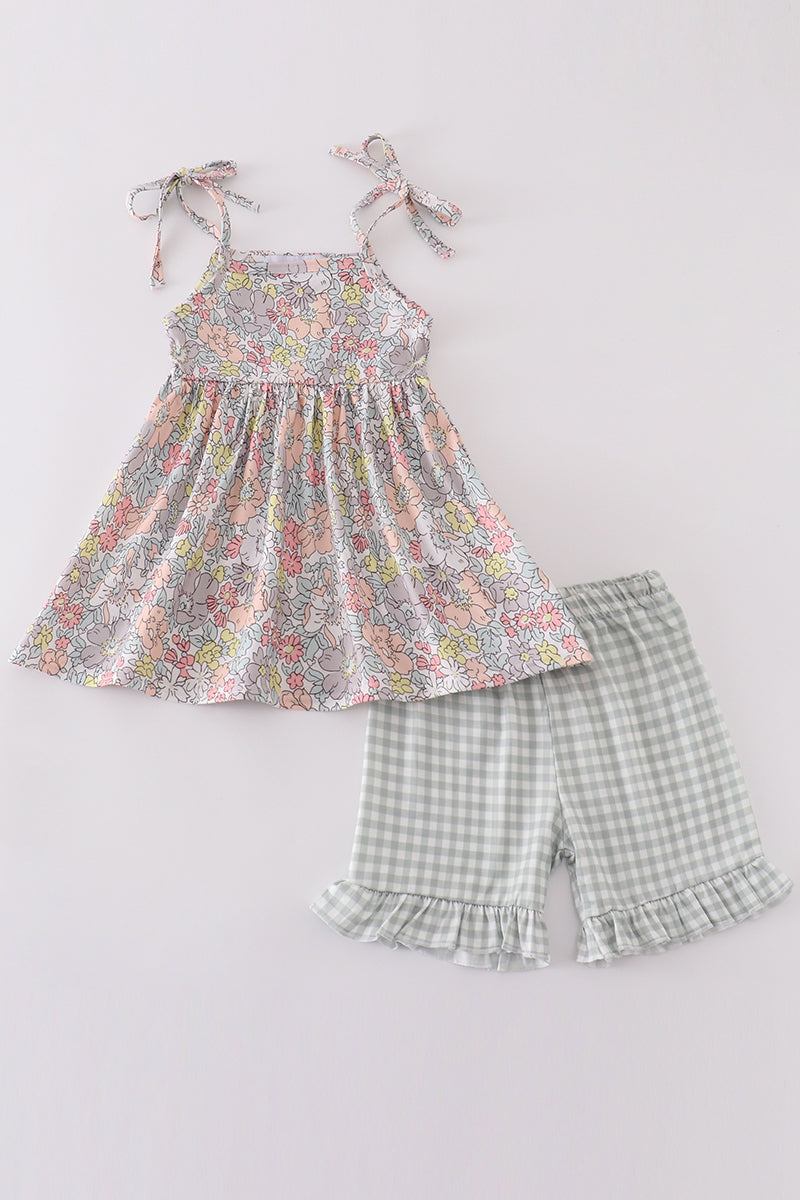 Sage pastel floral harmony girl gingham set