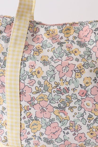 Yellow floral plaid tote bag