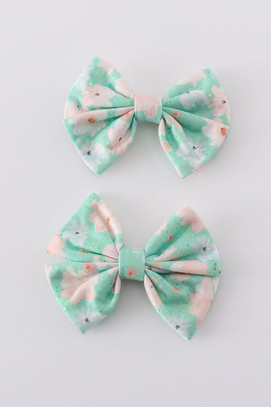 Green floral print girl piggie hair bow