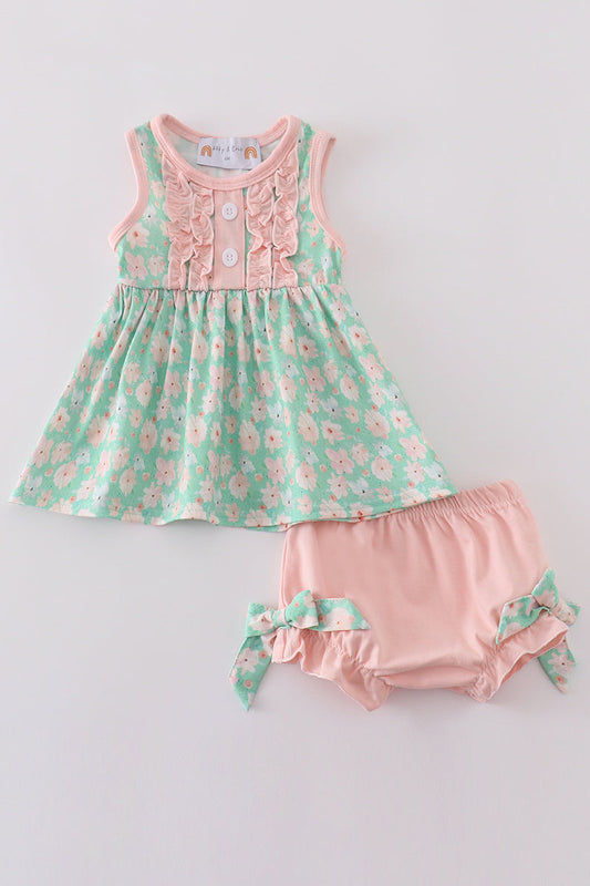 Green floral print girl bloomer set