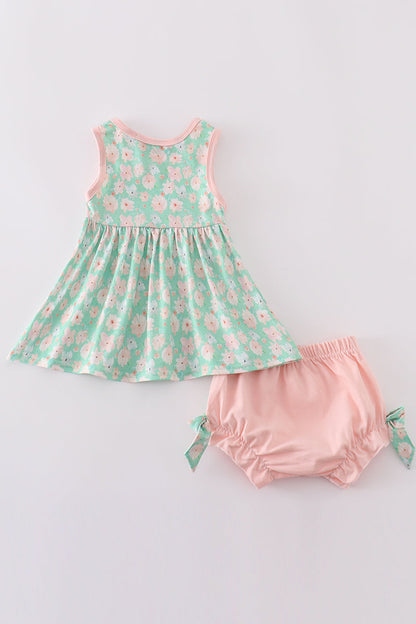 Green floral print girl bloomer set