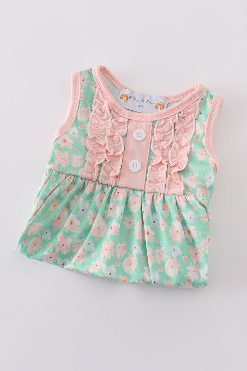 Green floral print girl bloomer set