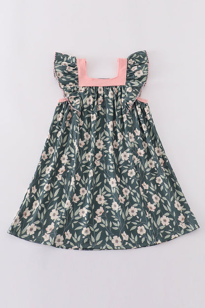 Green forest bloom print girl dress