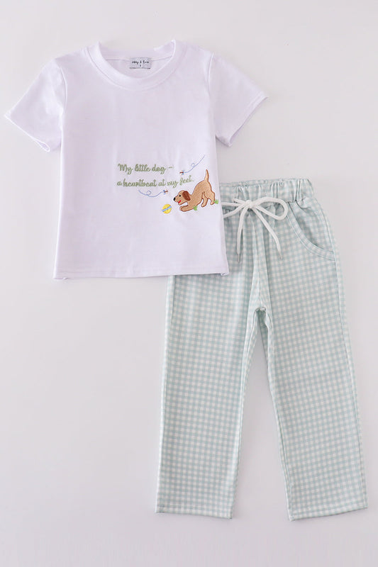 Green puppy embroidery boy set