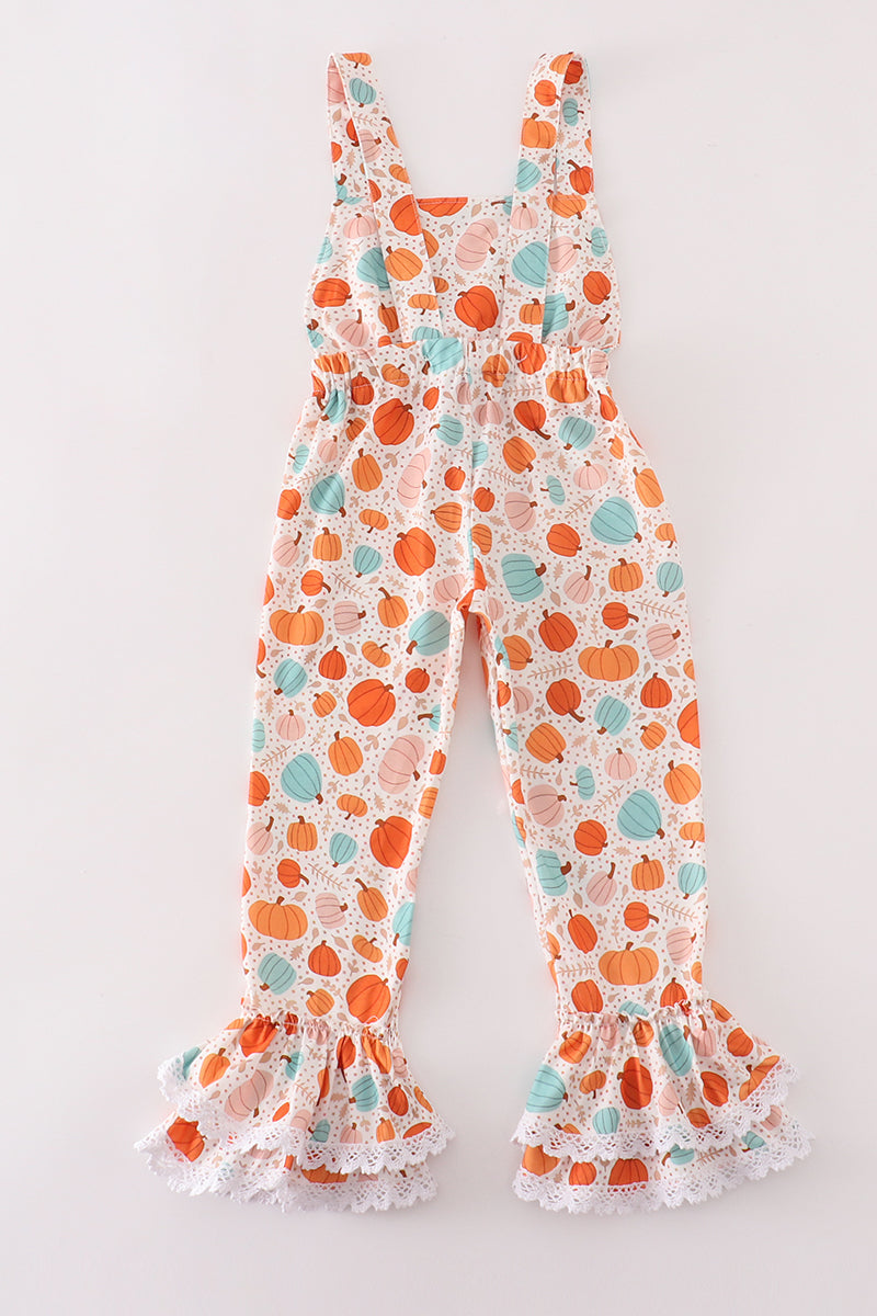 Orange pumpkin print girl jumpsuit