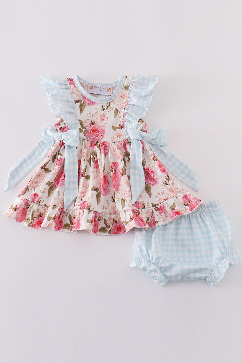 Pink floral print ruffle girl bloomer set