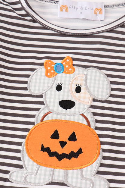 Halloween pumpkin puppy stripe applique girl set