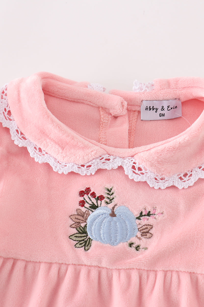 Pink velvet pumpkin embroidery girl set