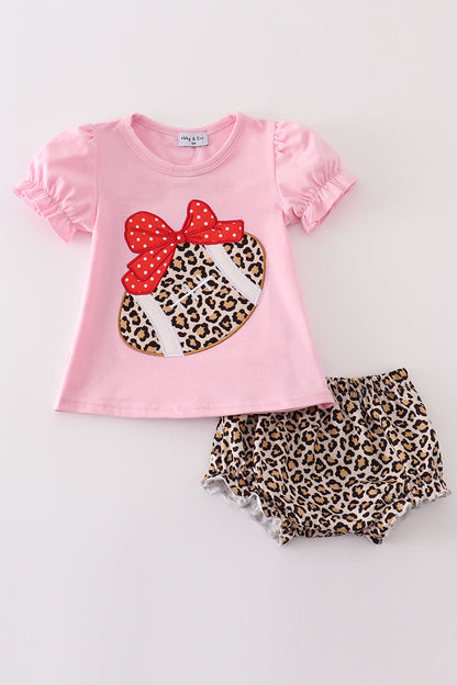 Pink leopard football applique baby girl set