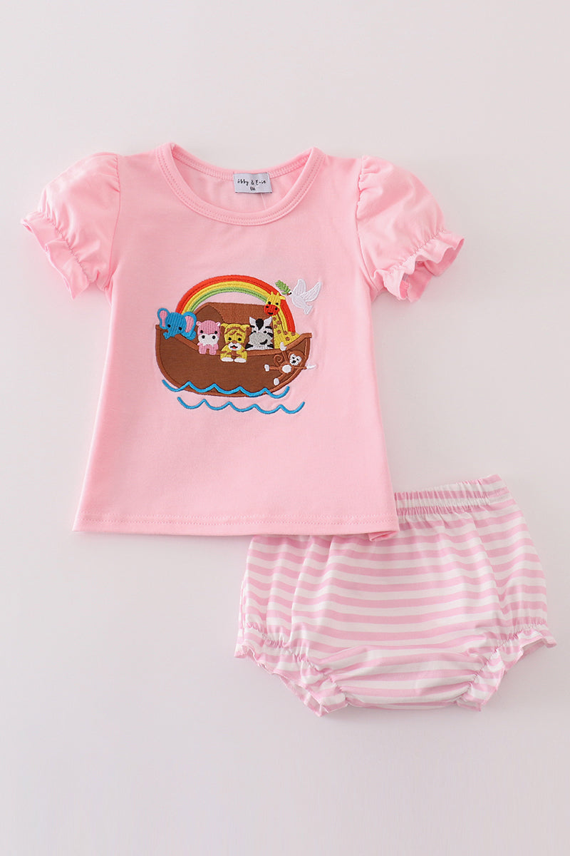 Pink noah's ark applique baby girl set