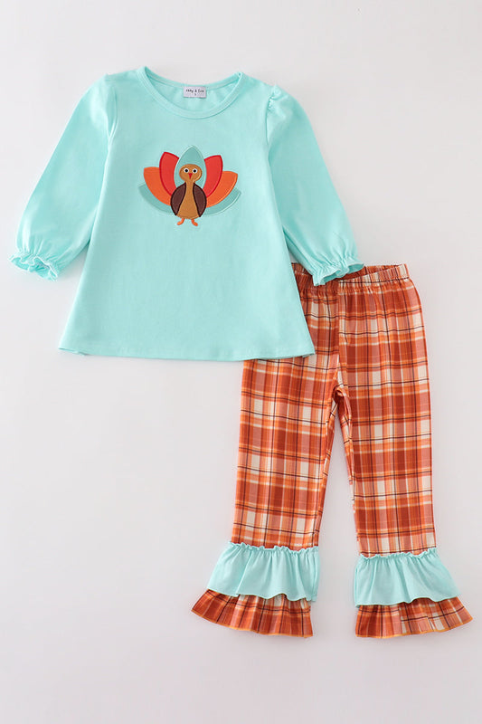 Green turkey applique girl set