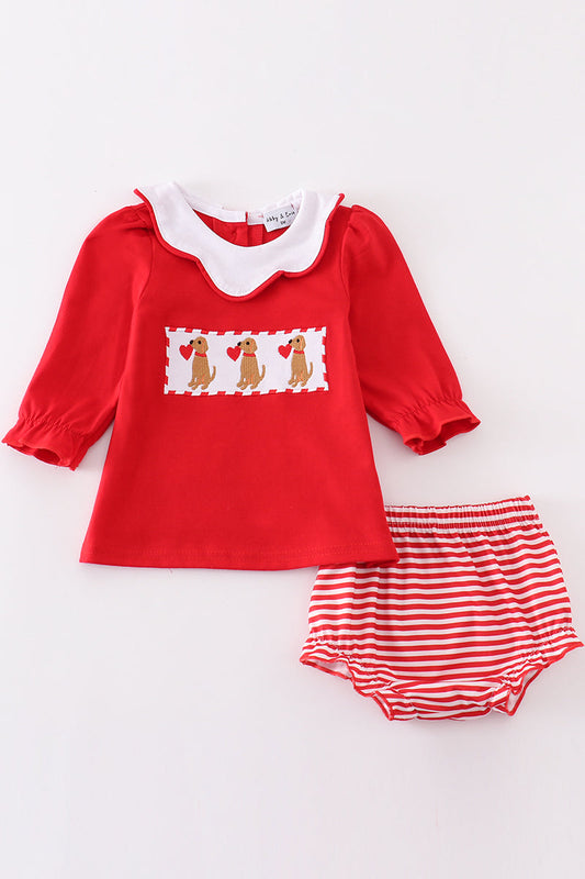 Red valentine puppy embroidery girl bloomer set