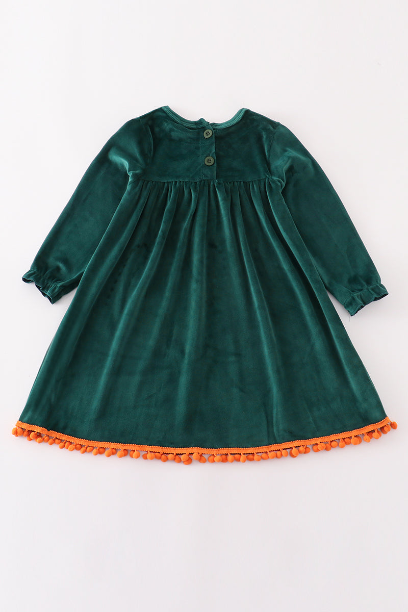 Forest velvet pumpkin embroidery girl dress