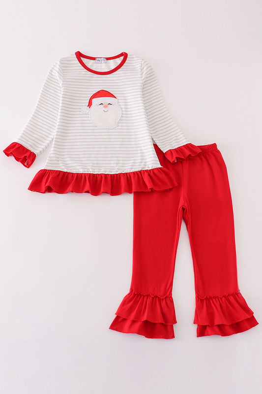 Red christmas santa claus applique stripe girl set