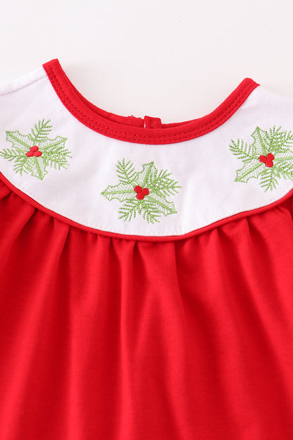 Red christmas holly embroidery girl romper