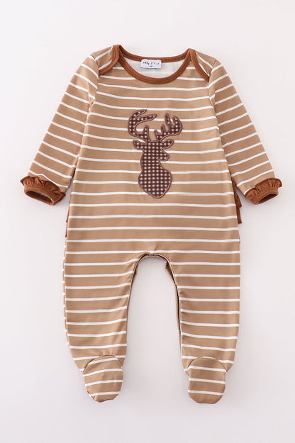 Brown stripe antler applique girl romper