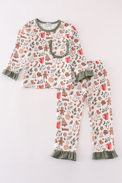 Merry christmas print girl ruffle pajamas set