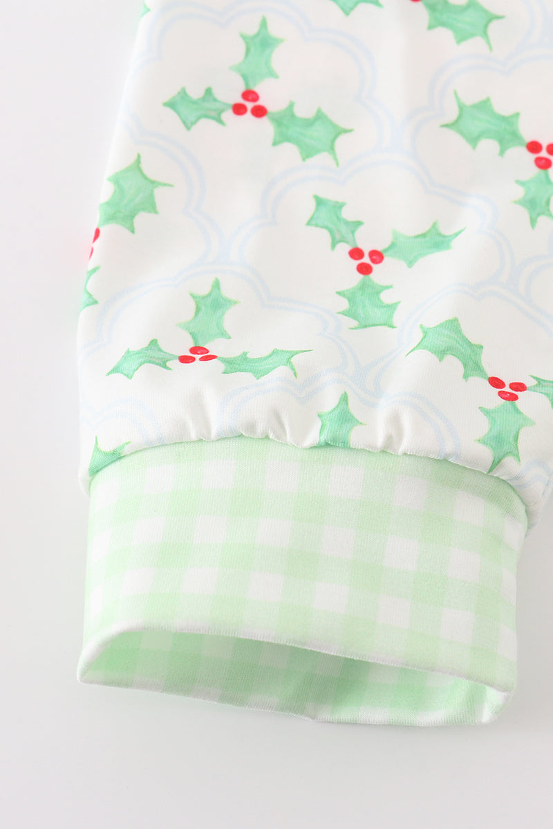 Green christmas holly print boy set