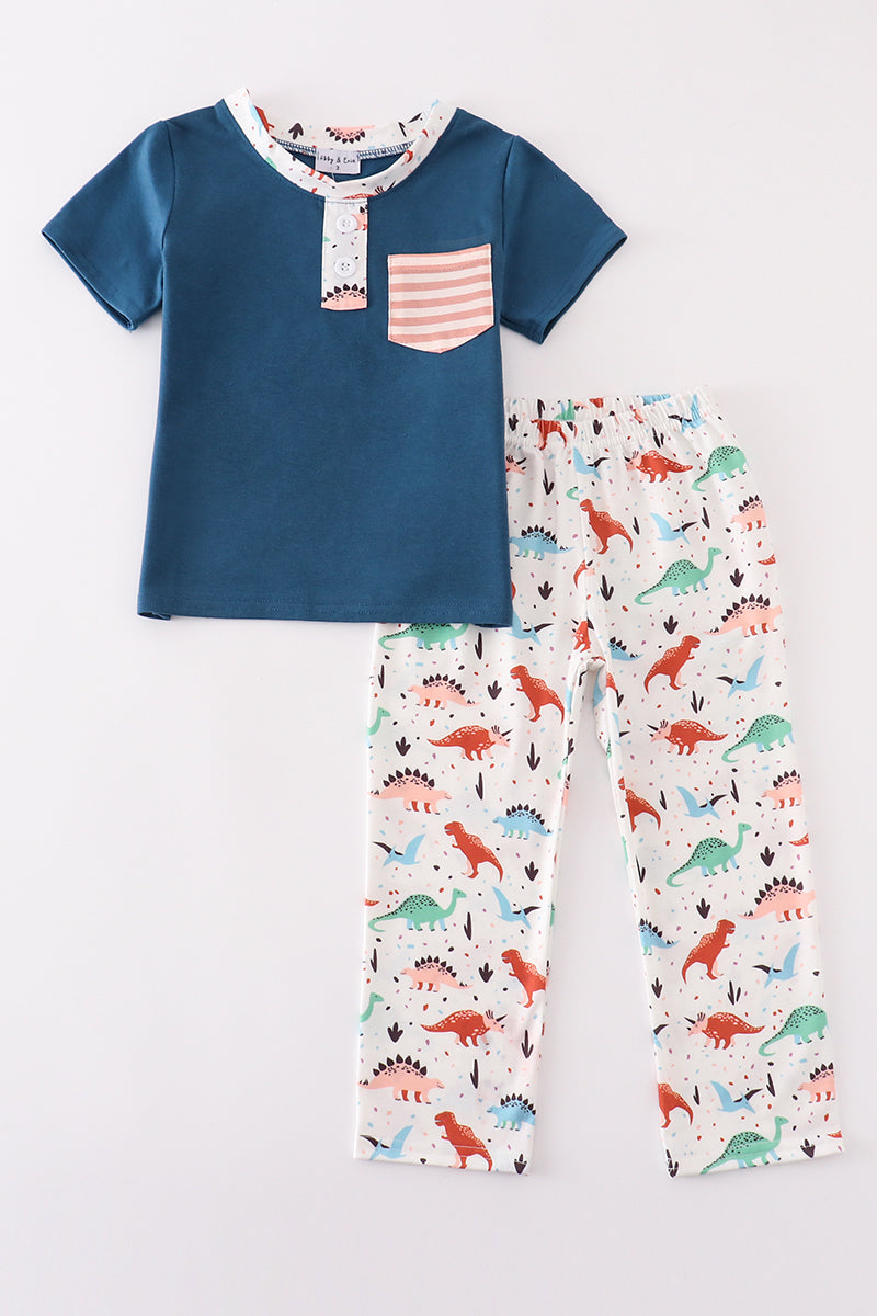 Navy dinosaur print boy set